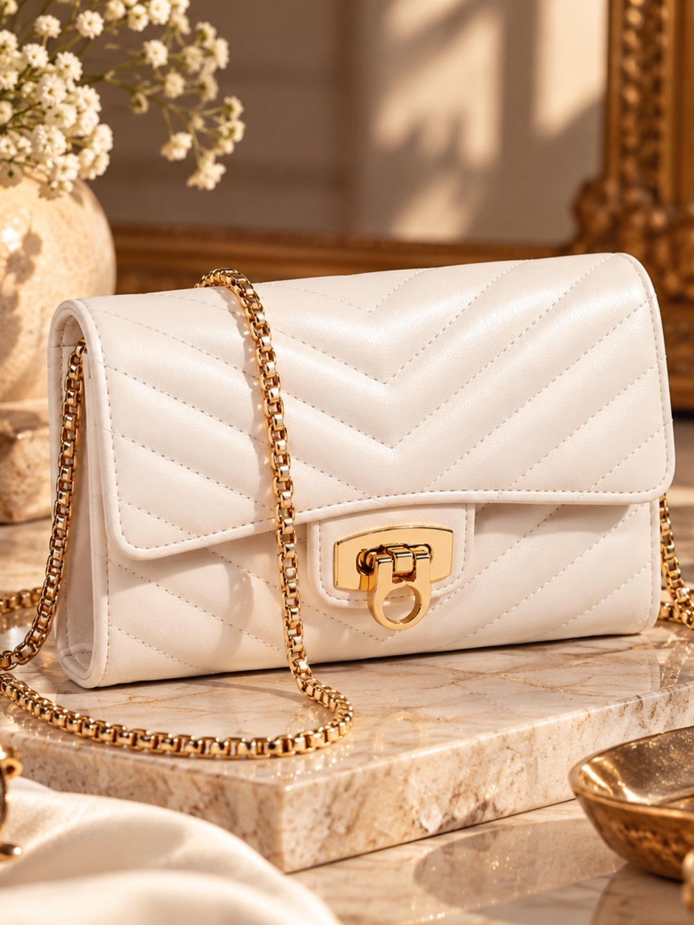 Beige White Quilted Crossbody Bag Gold Chain